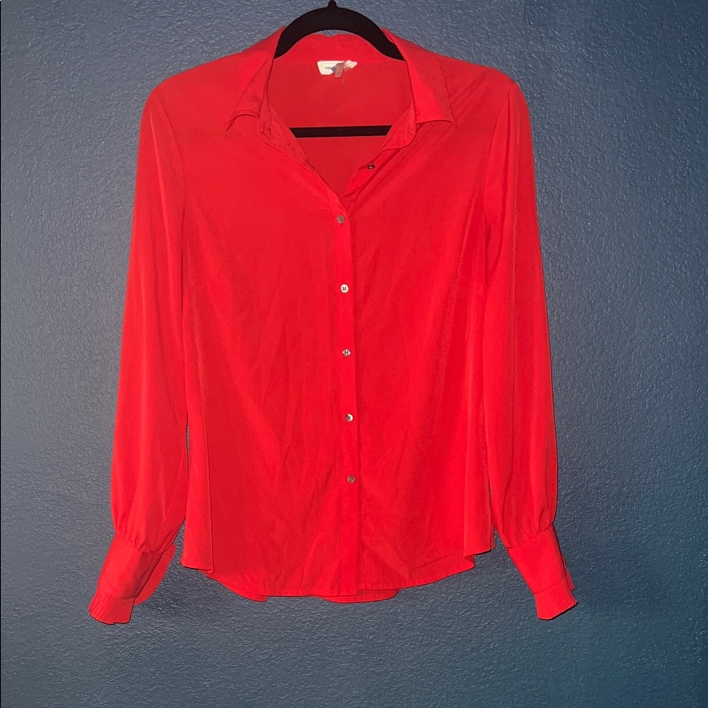 COURT & ROWE Bright Red Long-Sleeve Button-Down Shirt with ruffle cuffs